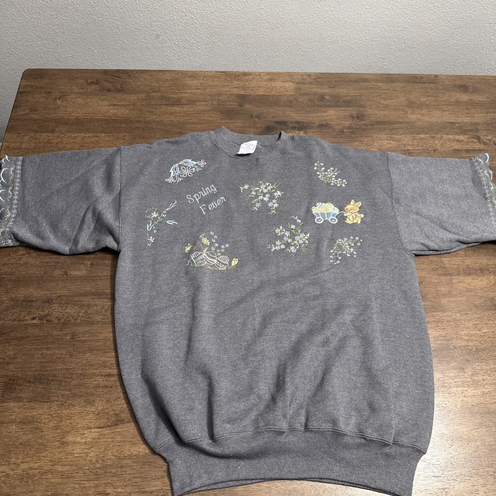 VTG Handmade Pannill Embroidered Easter‎ Bunny Spring Crewneck S/S Sweatshirt XL